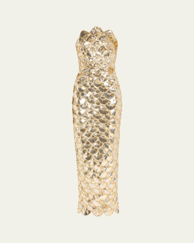 Strapless Sequined Scallop Column Gown